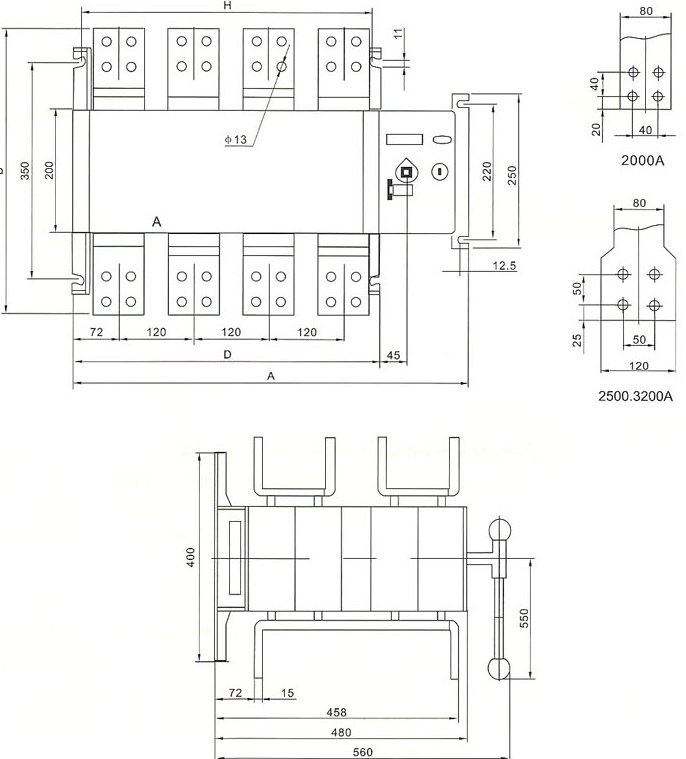 HGLD-2000~3200A双电源开关的安装示意